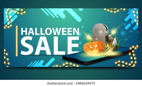 Halloween sale, modern blue banner for web site with the smartphone from which it is projected tombstone and pumpkin Jack