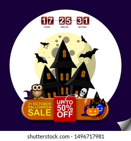 Halloween sale, modern discount emblem with timer, owl, pumpkin, skeleton, moon, and castle, vector illustration
