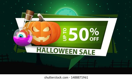 Halloween sale, modern discount green banner in the geometric modern style with pumpkin Jack and witch's potion