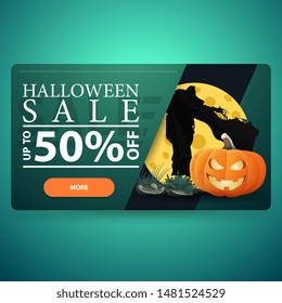 Halloween sale, modern green discount banner with Scarecrow and pumpkin Jack against the moon