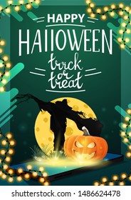 Halloween sale, modern green vertical banner with the smartphone from which it is projected Scarecrow and pumpkin Jack