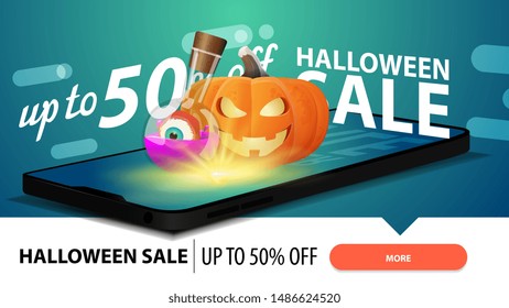 Halloween sale, modern horizontal banner for web site with smartphone from which it is projected pumpkin Jack and witch's potion