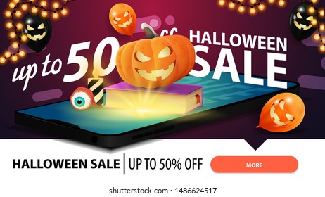 Halloween sale, modern horizontal pink banner for web site with smartphone from which it is projected spell book and pumpkin Jack