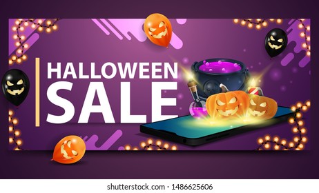 Halloween sale, modern purple banner for web site with ballons, garland and smartphone from which it is projected witch's cauldron and pumpkin Jack