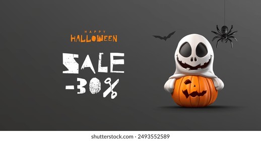 Venta de Halloween. Monstruo sentado en la calabaza y sonriendo, araña, murciélago, 3D. Imagen sobre fondo oscuro, para conceptos promocionales, descuentos. Ilustración vectorial.