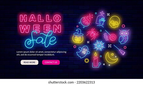 Halloween sale neon flyer promotion. Special offer shopping banner. Circle layout with icons. Pumpkin, skull and spider. Season october holiday. Glowing effect landing page. Vector stock illustration