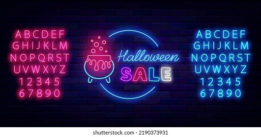 Halloween sale neon label on brick wall. Shiny blue and pink alphabet. Special offer design. Potion cauldron. Scary holiday emblem. October greeting card design. Vector stock illustration