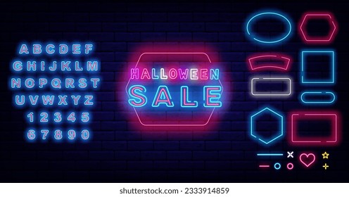 Halloween sale neon label. Special offer design. Luminous typography. Scary holiday marketing. Shiny blue alphabet. October advertising. Geometric frames collection. Vector stock illustration