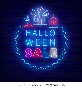 Halloween sale neon signboard. Light advertising on brick wall. Witch castle and gravestone. Season special offer. October greeting card for shopping. Shiny label. Vector stock illustration