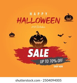 Venta de Halloween de promoción sobre fondo amarillo, calabazas de Halloween y murciélagos y textos de miedo en el diseño de cepillo rojo salpicadura, día de Halloween con 70% de venta de promoción, Anuncios de Web, signo, cartel.