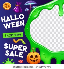 Halloween sale and offer banner with green slime frame and scary pumpkin, vector background. Halloween holiday discount promo banner with trick or treat candy for shop or store promotion sale