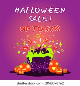 Halloween sale offer design banner.Pumpkin and witch's cauldron