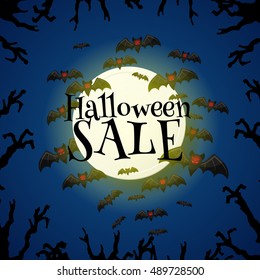 Halloween sale offer design template. Halloween sale lettering over moon and night sky with bats and trees hands. Cartoon style vector illustration