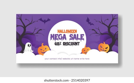 Halloween venda oferecer modelo de banner horizontal, capa de mídia social Halloween, cabeçalho, projeto de modelo de fundo de ilustração assustador Halloween, colocar para texto