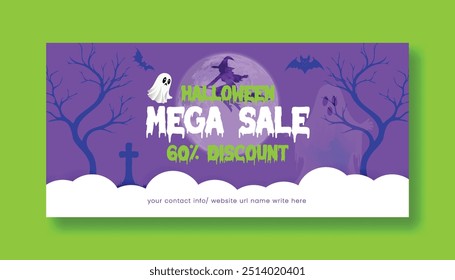 Halloween sale offer horizontal banner template, Halloween social media cover, header, Halloween scary illustration background template design, place for text