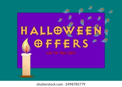 Halloween sale offers design featuring a candle and ghostly elements. Perfect for promoting seasonal discounts and spooky deals.