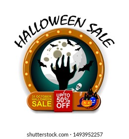 Halloween sale on white background, modern discount logo with pumpkin, skeleton, moon, and hand, vector illustration