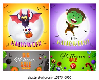 Halloween sale orange, gray banner set with frankenstein. Halloween, October, trick or treat. Lettering can be used for greeting cards, invitations, announcements