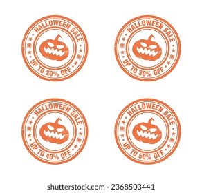 Halloween sale orange grunge stamp set. Sale 20, 30, 40, 50 percent off. Vector illustration