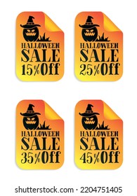 Halloween sale orange stickers set. Pumpkin with witches hat. Halloween sale 15%, 25%, 35%, 45% off. Vector illustration