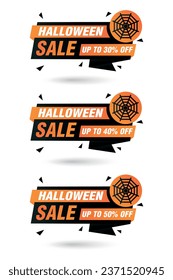 Halloween sale origami black labels set. Sale 30%, 40%, 50% off discount. Vector illustration