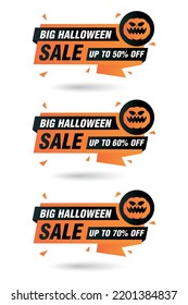 Halloween sale origami labels set. Big Halloween sale 50%, 60%, 70% off discount. Vector illustration