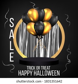 Halloween sale or party event with balloons and podium