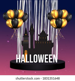 Halloween sale or party event with balloons and podium