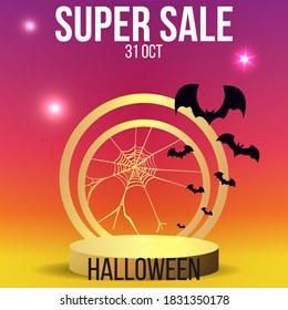 Halloween sale or party event with bats and full moon