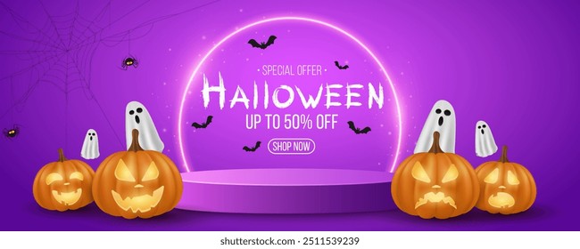 Halloween sale pedestal with glowing arc to display your product. Cartoon pumpkin with evil smile and flying ghosts. Holiday 3d showcase scene. Vector illustration.