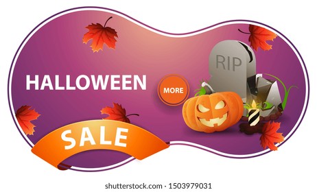 Halloween sale, pink discount banner with tombstone and pumpkin Jack. Modern discount banner isolated on white background