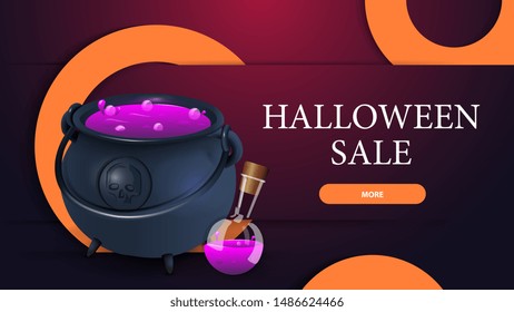 Halloween sale, pink modern volumetric web banner with witch's cauldron with potion