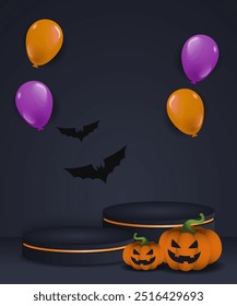 Halloween sale podium dark background with pumpkin, balloons, ghost and bat. Copy space area