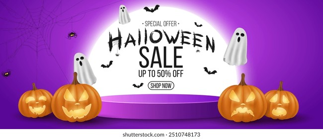 Halloween sale podium to display your product. Cartoon pumpkin with evil smile and flying ghosts and bats against the full moon. Holiday 3d showcase scene. Vector illustration.