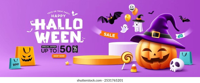 Halloween sale podium, pumpkins hat smile and ghost holding a balloon, bat flying and colorful shopping bag, banner poster design on purple background, Eps 10 vector illustration