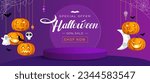 Halloween sale podium vector banner design. Halloween special offer text with hanging pumpkin, skull, ghost and scary elements. Vector illustration stage promo display background. 
