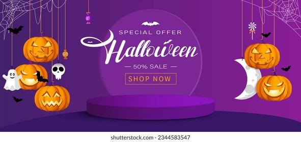 Halloween sale podium vector banner design. Halloween special offer text with hanging pumpkin, skull, ghost and scary elements. Vector illustration stage promo display background. 
