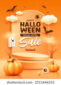 ้Happy Halloween Sale podiums, pumpkins, bat flying, trees, spider web, poster design on orange background, Eps 10 vector illustration