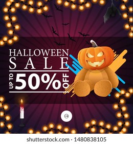 Halloween sale, pop up window for website with Teddy bear with Jack pumpkin head