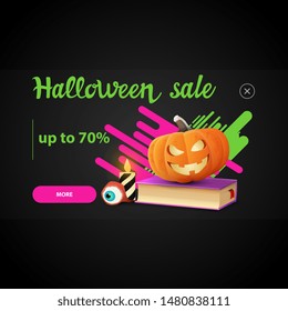 Halloween sale, pop up window for website with spell book and pumpkin Jack