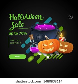 Halloween sale, pop up window for website with witch's pot and pumpkin Jack