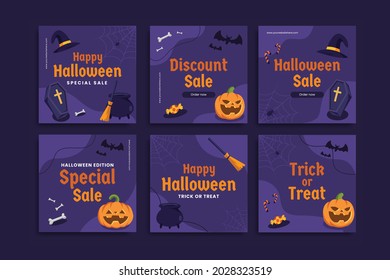 Halloween sale post template. Set of Editable creative template. Purple, orange, yellow background color for social media post and web internet ads. Vector illustration