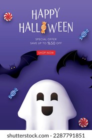 Halloween sale poster. Background  with cute ghost, bats, candies. Vector template for party, discount, banner, invitation, social media, website, greeting cards, promo, brochure, flyer, ads, kids.