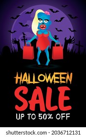 Halloween sale poster, banner with funny zombie girl. Sale Halloween graphic design. vector illustration