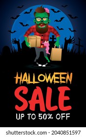 Halloween sale poster, banner with funny zombie hipster. Sale Halloween graphic design. Vector illustration