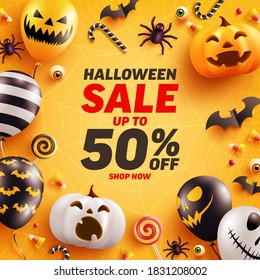Halloween Sale poster and banner template with cute halloween pumpkin and ghost balloons on yellow background.Website spooky,Background or banner Halloween template.Vector illustration eps 10