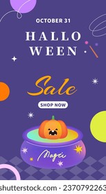 Halloween sale poster banner vector illustration template. Pumpkin witch circus party balloons website social media invitation greeting ticket colorful joy tarot card