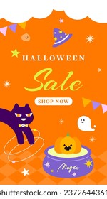 Halloween sale poster banner vector illustration template. Pumpkin witch circus party balloons website social media