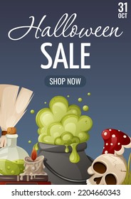 Halloween sale poster. Boiling potion in cauldron and flask, burning candle, broomstick, skull and fly agaric. Vector illustration. For banner, flyer, bookstore. A4 format