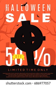 Halloween sale poster with cross. Black poster with seasonal discount offer. Halloween greeting card. Vector illustration.